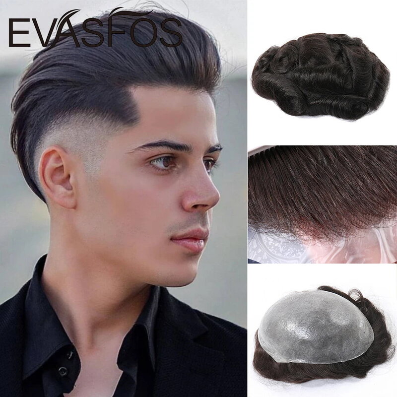 EVASFOS-Perruque de Cheveux Naturels pour Homme, Prothèse Capillaire Entièrement en PU, Toupet Transparent, Système de Remplacement de Cheveux Humains Européens
