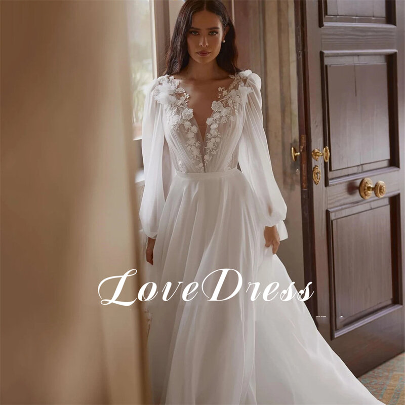 ラブレースアップリケシフォンウェディングドレス、ディープVネック、背中の開いた、床の長さ、Aライン、長いふくらんでいる袖、花嫁のドレス、エレガント