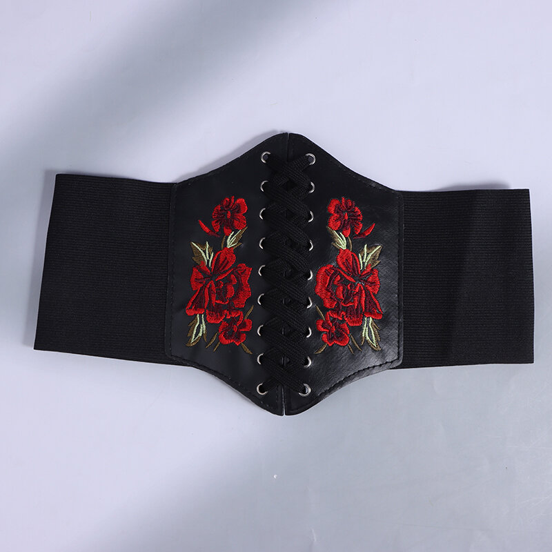 1pcs Women's Corset Belt Gothic Fashion PU Flower Embroidery Cummerbunds Female Slimming Waist Band Vintage Black Wide Belt