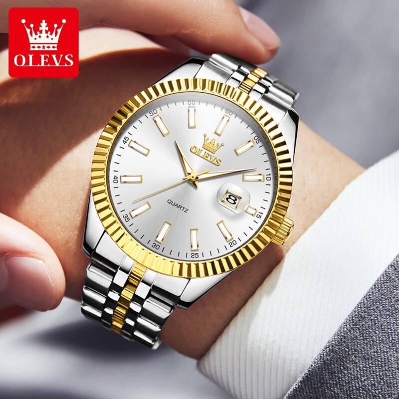 OLEVS นาฬิกาควอทซ์ผู้ชายแบรนด์หรูกันน้ำและสว่างสแตนเลสนาฬิกาข้อมือหน้าปัดใหญ่นาฬิกาผู้ชายคลาสสิกดั้งเดิม