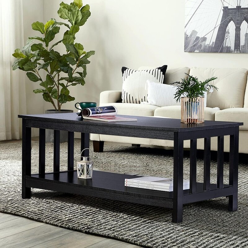 ChooChoo-mesa de centro Mission, mesa de madera negra para sala de estar con estante, 40 negro