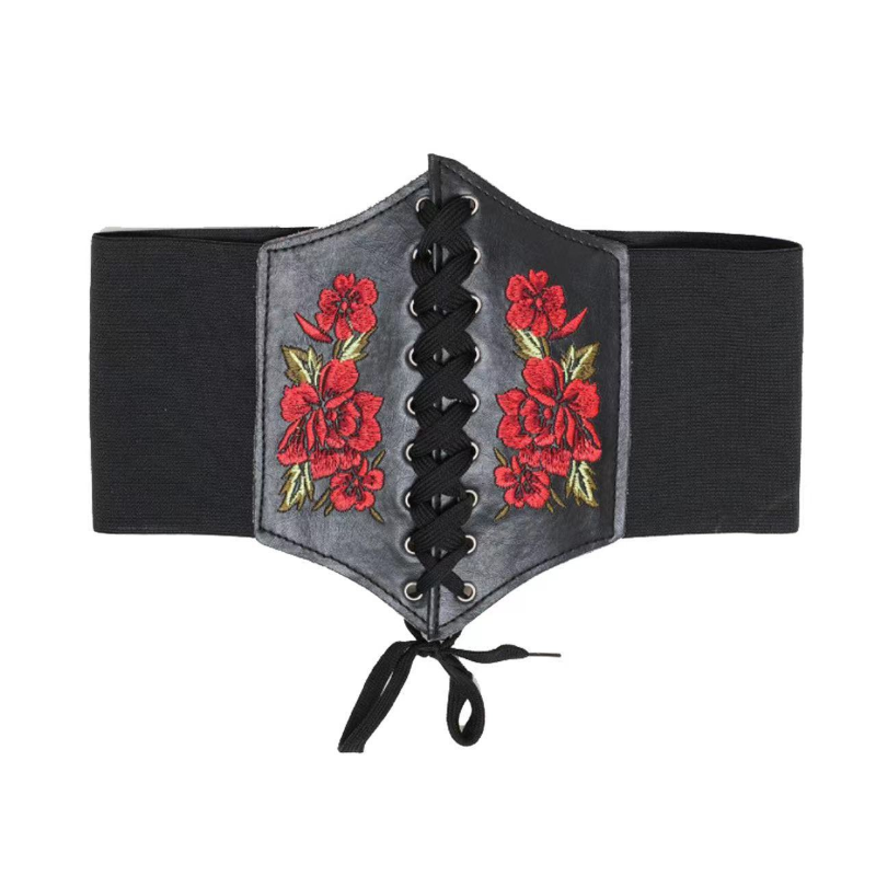 Gorset damski pas gotycki mody PU haft w kwiaty pasów damski odchudzanie talii opaska Vintage czarny szeroki pas dla dziewczynki