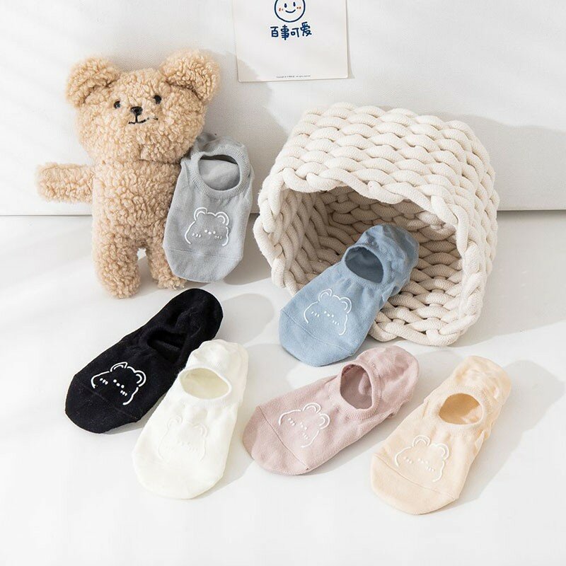 Новые хлопковые носки Kawaii Bear, горячее тиснение, удобные дышащие слипоны, модные женские носки, носки до щиколотки для женщин I140