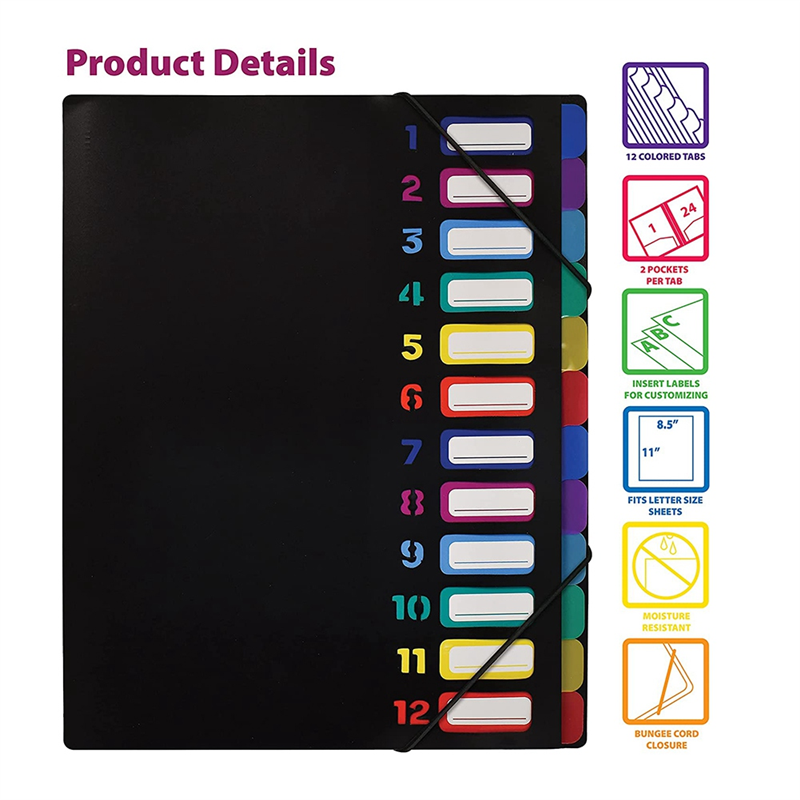 Pasta de arquivos expansível com 24 bolsos claros, 12 guias coloridas, detém 300 folhas, organizador, numerado na capa, 1pc