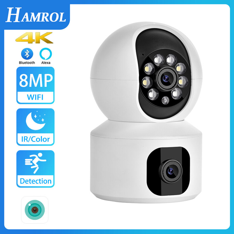 Hamrol 8mp Dubbele Lens Ptz Wifi Camera Ai Menselijke Detectie Tweeweg Audio Babyfoon Buiten/Binnen 4mp Home Security Cctv Camera