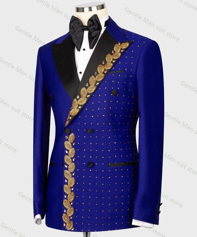 Set pakaian pria biru Royal jaket buatan kustom desainer Blazer 2 potong + celana hitam tuksedo pernikahan pengantin pria mantel pria kantor