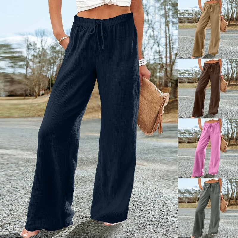 Celana panjang longgar wanita, bawahan serut pinggang tinggi elastis kasual kaki lebar, serbaguna musim panas untuk perempuan