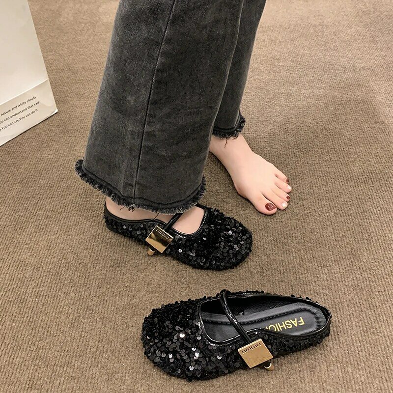 Shoes Woman 2024 Slippers Casual Cover Toe Low Pantofle Luxury Flat Fabric Hoof Heels Women Rome PU Rubber Slides Bling Shoes