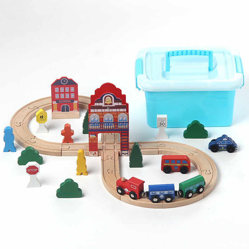 Aksesori jalur kayu menara lonceng mainan bayi anak-anak mainan mobil Set rel kereta kecil geser kotak hadiah G2