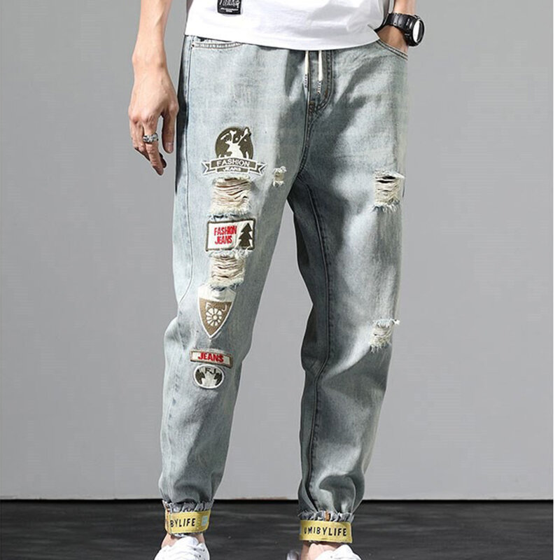 Jeans rasgado regular estampado masculino, leve estiramento para todas as estações, coreano versátil, 50% poliéster + 50% algodão quebrado