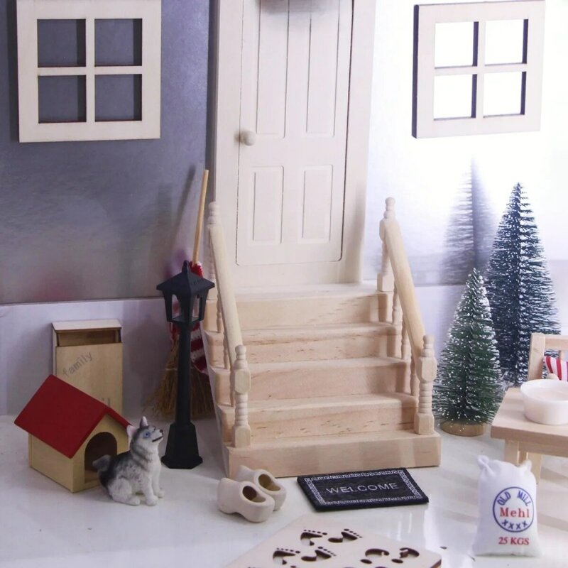 1:12 miniatur rumah boneka tidak dicat tangga kayu pegangan tangga Model tangga peri taman lanskap mikro furnitur mainan