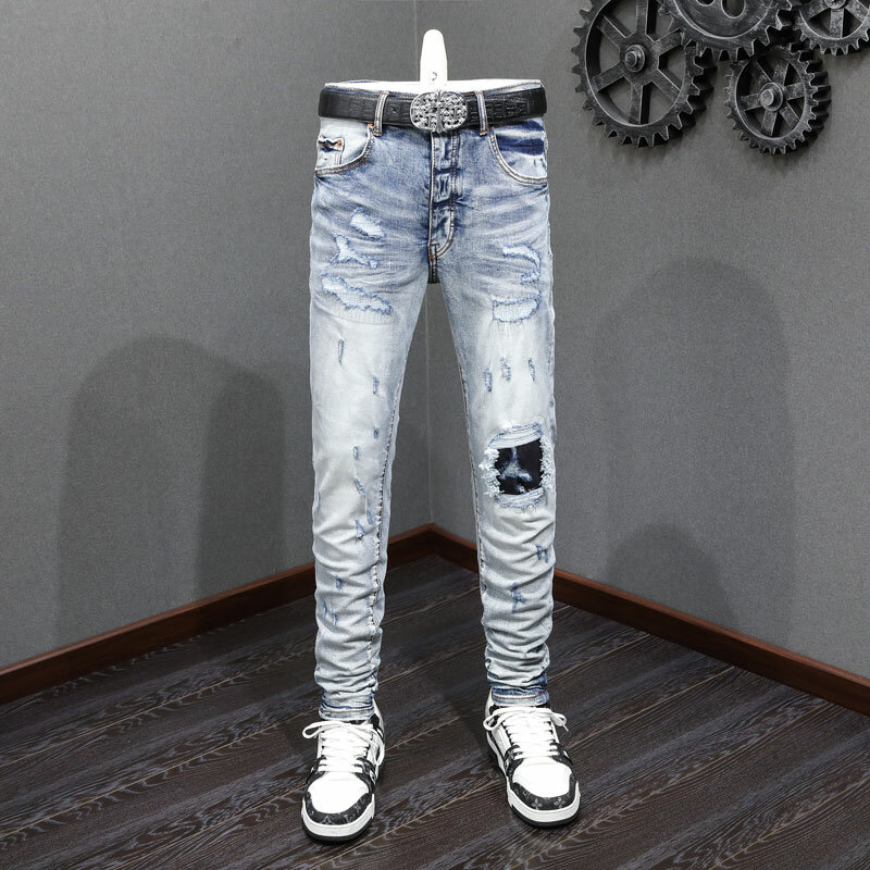 Vintage masculino lavado azul elástico apertado Split Jeans, moda de rua alta, calça de marca designer, hip hop