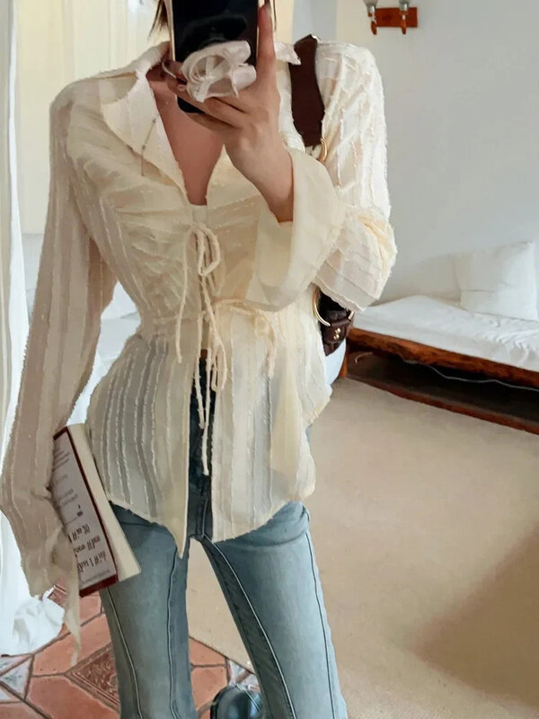 Korean Women's Fashion and Unique Lace Up Versatile Top New Sexy Spicy Girl Lapel Long Sleeved Women Irregular Short Shirt Top