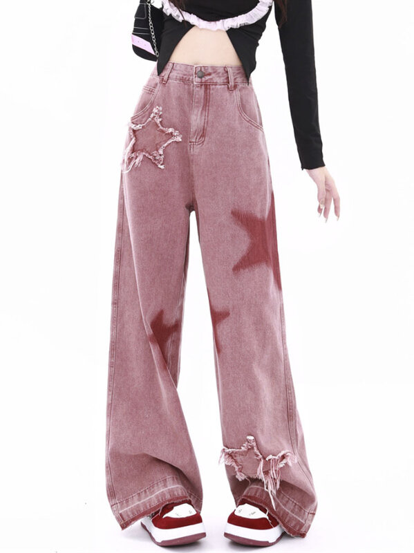 Y2k Street Cargo spodnie damskie luźne pięciopunktowe patchworkowe kobiece dżinsy 2023 jesienno-zimowa damska spodnie z szerokimi nogawkami dżinsowa w stylu Retro