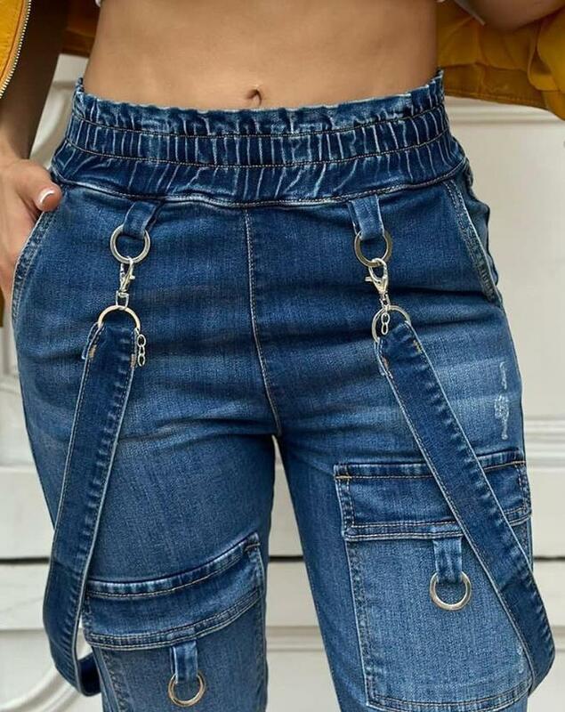 Macacão de suspensão jeans feminino, decoração casual do anel-O, design de bolso, primavera, verão, venda quente para mulheres, 2022