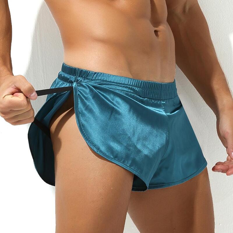 Sexy calças de pijama masculinas shorts hide jockstrap underwear masculino solto boxers pênis saco seta calcinha macio sedoso homem sono bottoms