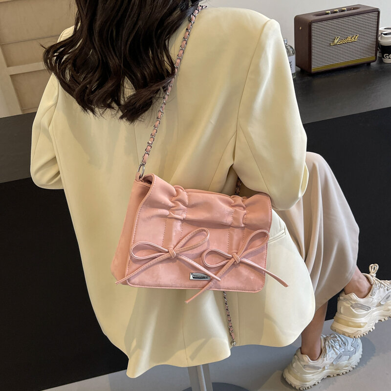 LEFTSIDE Bow Small Crossbody Bags for Women 2024 Korean Fashion PU Leather Shoulder Bag Underarm Bags Chain Handbags and Purses