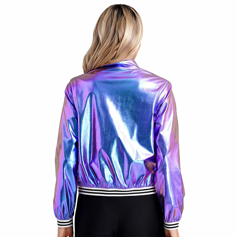Женская Блестящая металлическая голографическая куртка-бомбер на молнии с длинным рукавом и Бейсбольным воротником, верхняя одежда, Женская Клубная одежда для концерта