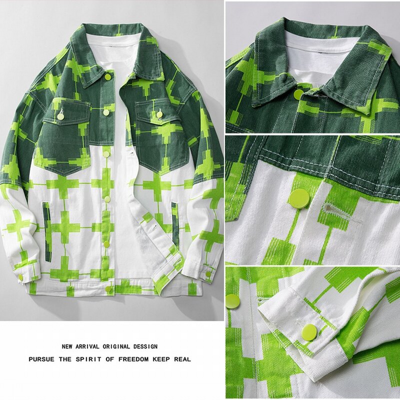 Wiosenna jesień Y2K nadruk krzyż zielone białe kurtki dżinsowe z luźna odzież uliczna Jaqueta Jeans Chaquetas Hombre męskina