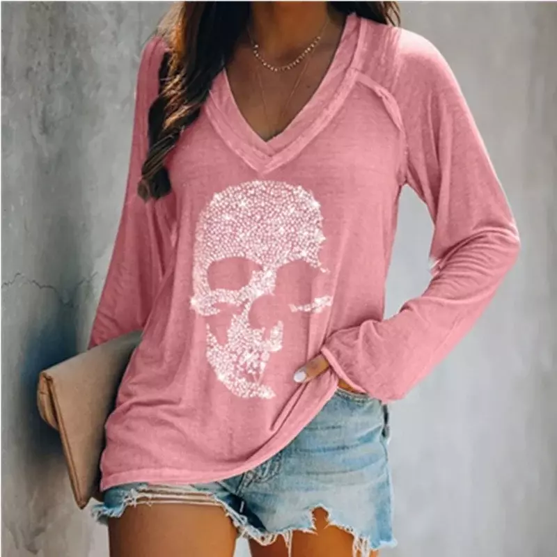 Womens Autumn Winter Fashion Clothes Casual Long Sleeved T-shirt Loose Skull Printed Blouse Ladies V-neck Shirts Cotton Tops