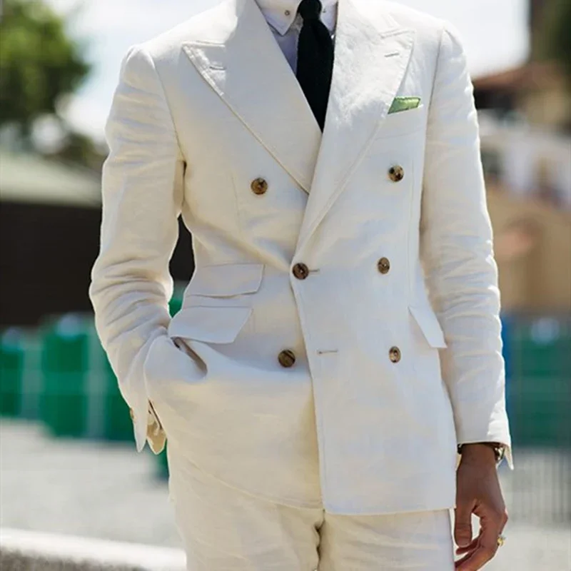 Elegant Beige Linen Men Suit Smart Casual  Double Breasted Slim Fit Blazer Hombre Custom 2 Piece Costume Homme