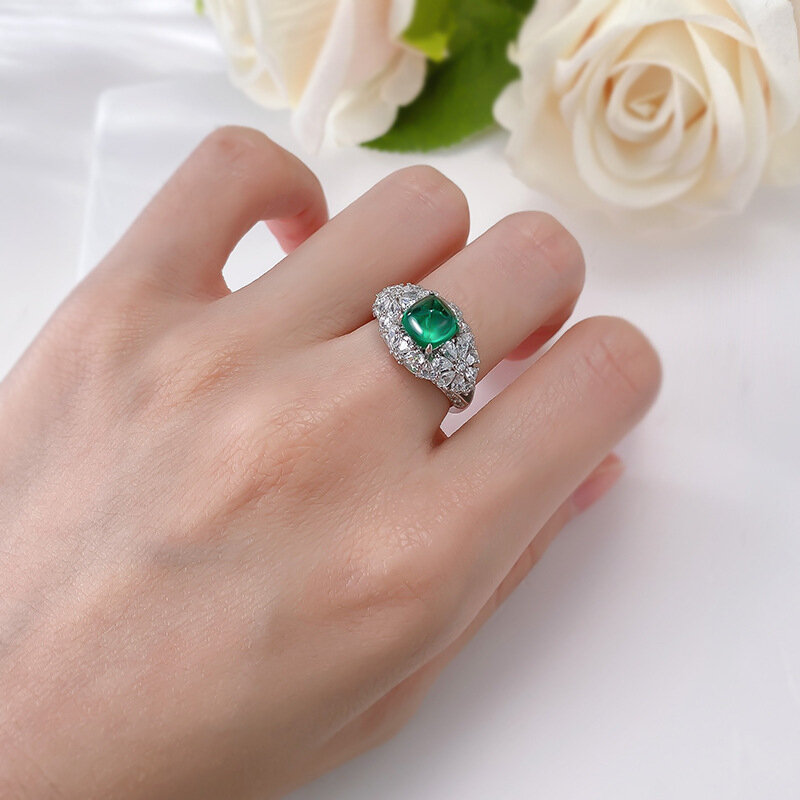 S925 Silver Ring Emerald 7 * 7 Sugar Tower Ring Daily Fashion Rich Women's Ring