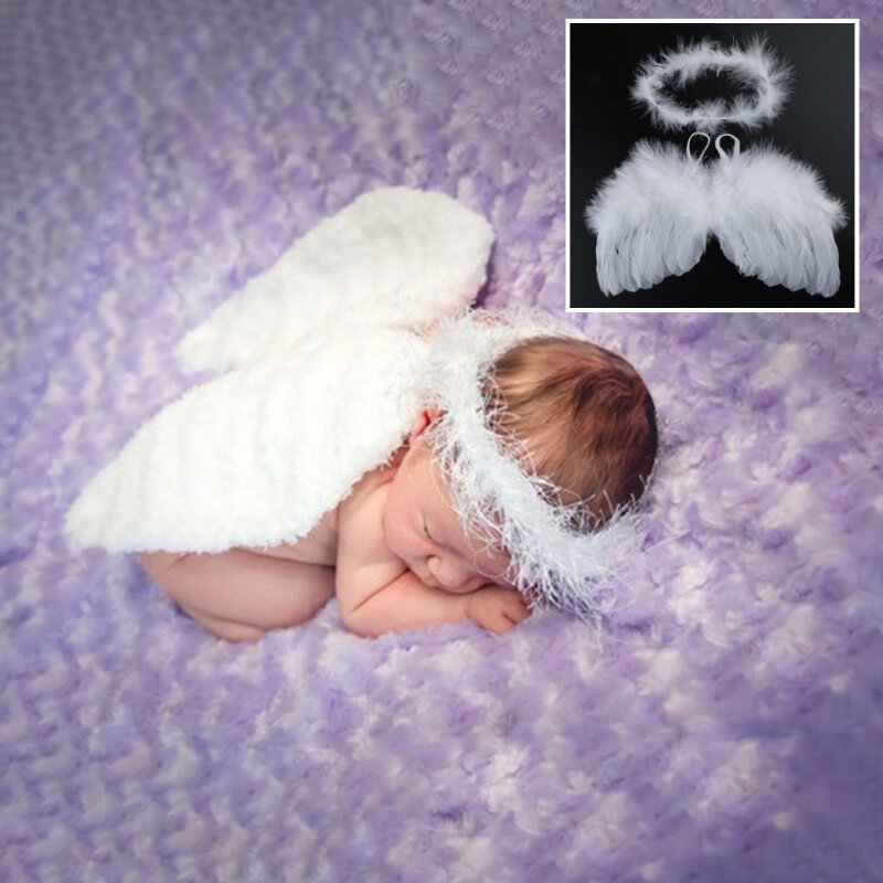 77HD 2 ชิ้น Baby White Angel Wing ที่คาดผมทารกแรกเกิดการถ่ายภาพ Props Angel Feather Wing