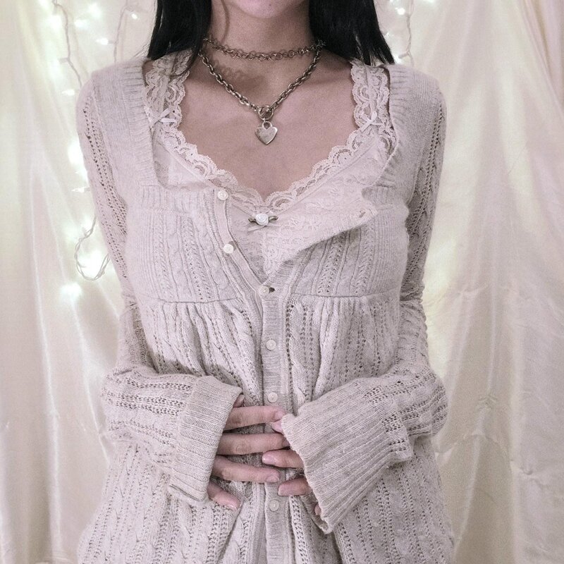 Coquette Grunge Y2K 00s Vintage Sweater Single Breasted Long Sleeve Cardigan 00s Aesthetic Kawaii Knitwear T-shirt Women Clothes