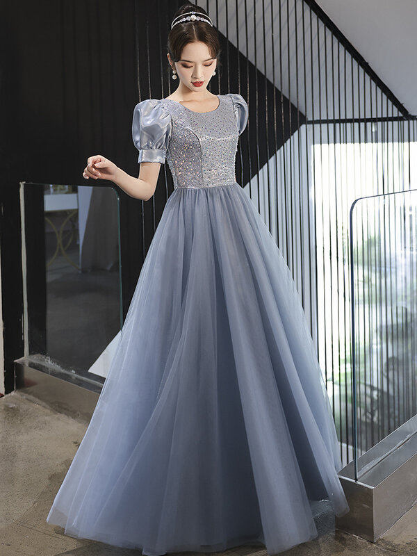 Blue Evening Dress Elegant Beaded Puff Short Sleeve High Waist Prom Dresses 2022 Temperament Patchwork A-Line Princess Gown