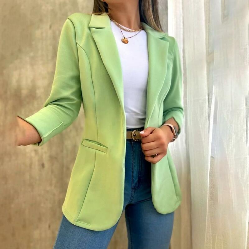 Open Stitch Business Elegant Women Chic Women's Lapel Coat for Fall Spring Straight Cut Mid-length Business-ready with Patch