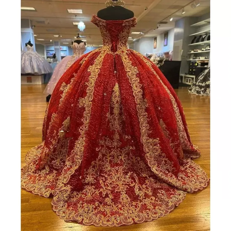 Red Off-Shoulder Princess Quinceanera Dresses 15 Party High Quality Gold Lace Beading Masquerade Cinderella Birthday Ball Gown