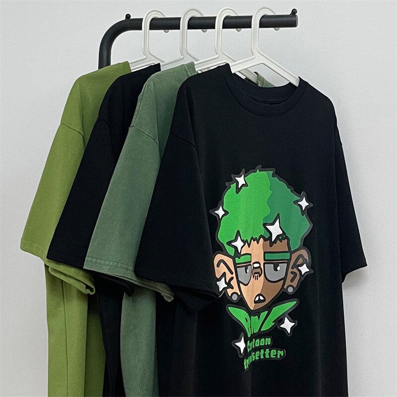 American Style Retro Cartoon Portrait Printing Short-Sleeved Oversized T Shirt Loose Casual Couple Top Men Clothing