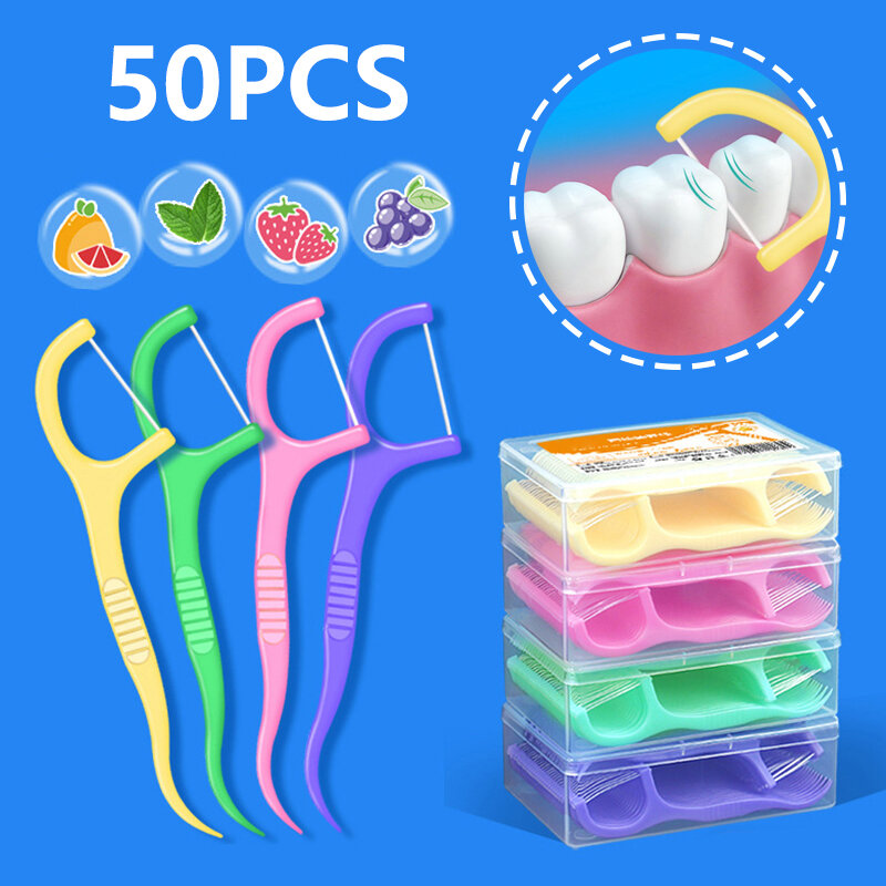 معول خيط تنظيف الأسنان بنكهة الفاكهة ، تنظيف الأسنان ، فرشاة داخلية بين الأسنان ، قوة شد عالية ، عصا أسنان محمولة ، العناية بالنظافة ، 50 في كل صندوق