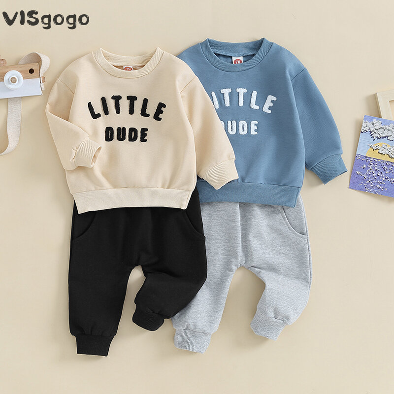 VISgogo-ملابس أطفال أولاد ، تطريز حروف ، سويت شيرت بأكمام طويلة ، سروال مرن للأطفال الصغار ، ربيع ، خريف ، 2 قطعة