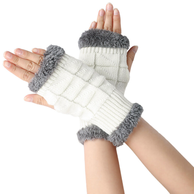 Sarung tangan bulu palsu wanita, sarung tangan penghangat lengan tanpa jari warna polos musim dingin modis