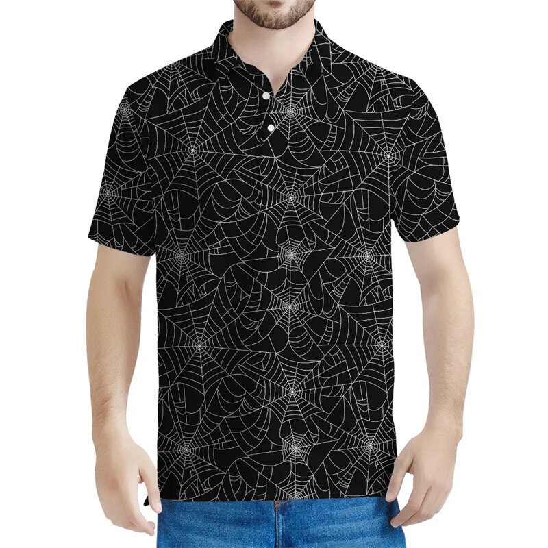 Мужская рубашка-поло с ужасным узором Cobweb, футболки с 3D принтом пауков, Повседневная Уличная футболка на пуговицах, летняя футболка с лацканами и короткими рукавами