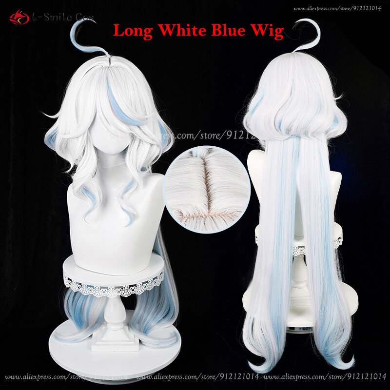 Fontaine Focal ors Cosplay Perücke 100cm lange Furina Perücken blau weiß lockige Frauen Perücken hitze beständige Haare Anime Perücken Perücke Kappe