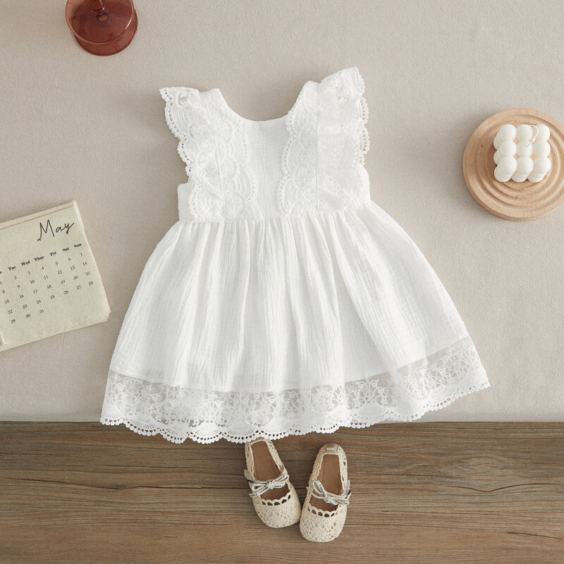 VISgogo Baby Girls Sister Matching Outfit Baby Summer Clothing White V Neck Lace Sleeveless Ruffle Bow Romper/Dress Clothes