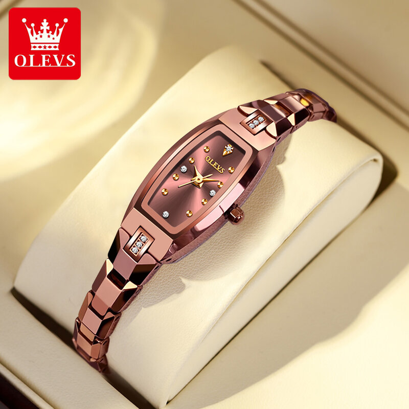 Olevs-女性のための高級時計,タングステン鋼のクォーツ時計,耐水性,ファッショナブル,ピンクゴールド,ブランド