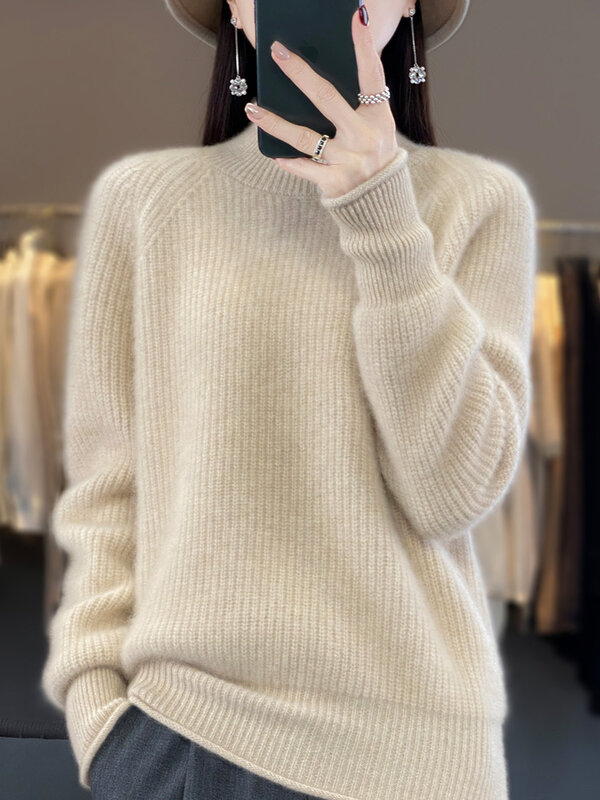 Women Autumn Winter Thick Mock Neck Pullover Swrater 100% Meino Wool Solid Warm Long Sleeve Cashmere Knitwear Korean Fashion Top