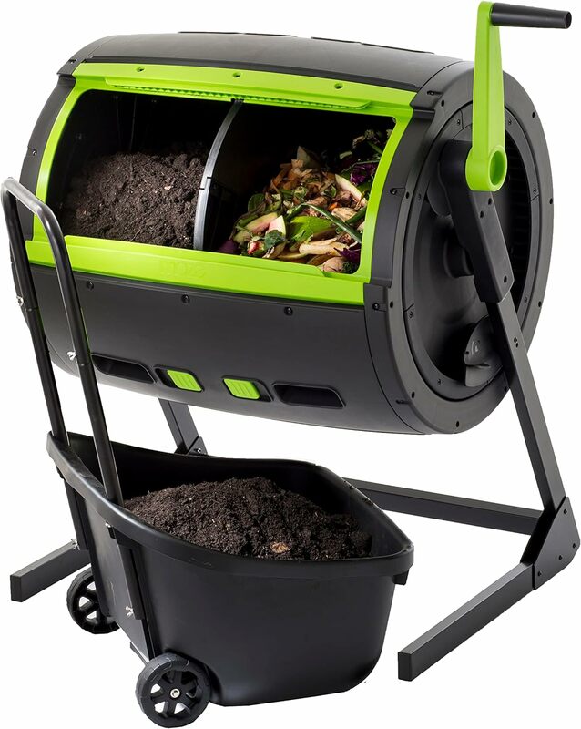 Maze 65 Gallon Dual Chamber Compost Tumbler with Large Double Door and Open Base and Comes with Maze Compost Cart