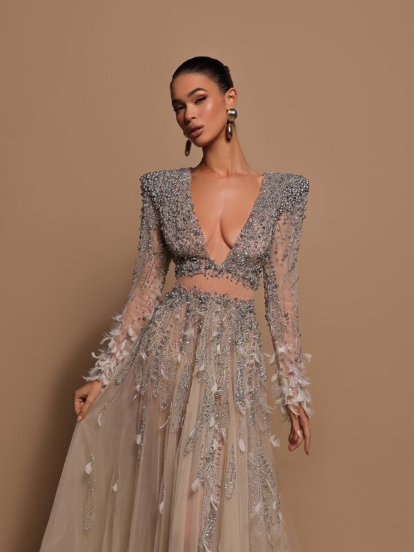 Illusion Deep V-neck Prom Gown Hand-sewn Sequins Beads Cocktail Dresses Luxury A-line Feathers Long Evening Dress Robe De Mariée