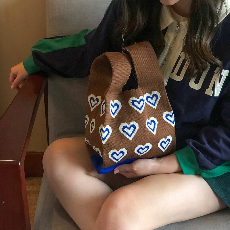 Knitted Wrist Bag for Women Casual Shoulder Tote Bag Flower Heart Female Reusable Shopping Bags Woven Fashion Handbag