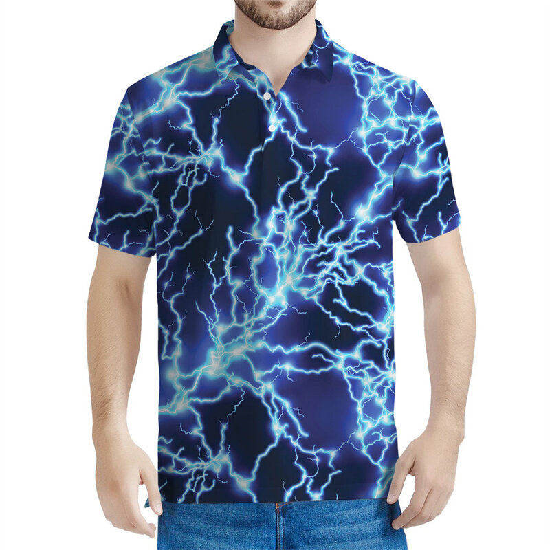 Modna koszulka polo z nadrukiem błyskawicy 3D dla mężczyzn Letnie koszulki z krótkim rękawem i klapami Casual Streetwear Guziki Ponadgabarytowe koszulki POLO