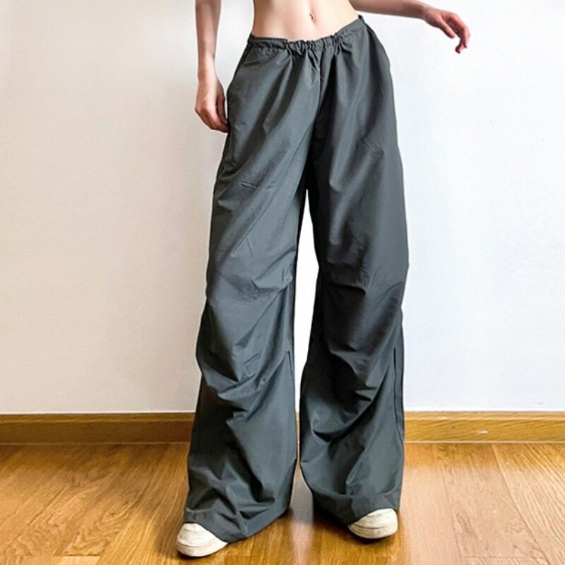QWEEK Y2K celana kargo wanita, celana kargo Baggy abu-abu pinggang tinggi Vintage Hip Hop celana parasut Harajuku Streetwear ukuran besar