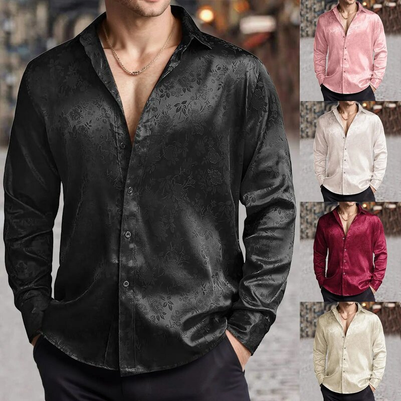 Camiseta de botão estampado masculina, tops de manga comprida, cor sólida, gola virada para baixo, moda, primavera e verão, 2024