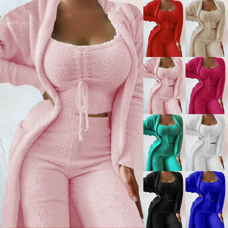 Autumn Winter Warm Soft Fleece 3 Pieces Suit Women's Velvet Pajamas Set Crop Top+Long Pants+Coat Homewear Pyjamas Matching Sets