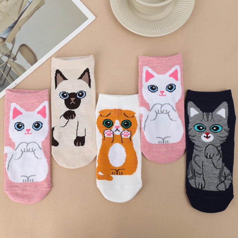 5Pairs Cotton Short Socks Cat Puppy Dog Animal Socks Ladies Girls Cute Breathable Casual Sox Autumn Winter Girls Anklet Socks