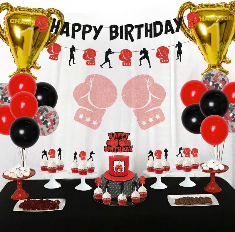 Conjunto de globos decorativos para fiesta de cumpleaños, suministros deportivos para fiesta temática de boxeo, pancarta de cumpleaños, decoración para tarta, sursursurprise