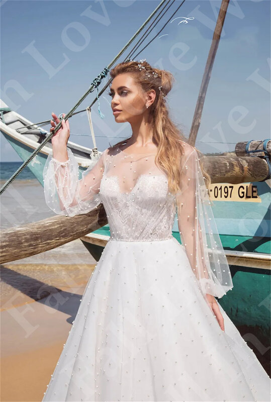 Vestido de noiva de tule para mulheres, gola redonda, mangas compridas, pérolas, renda floral 3D, vestido de noiva em linha A, vestido personalizado